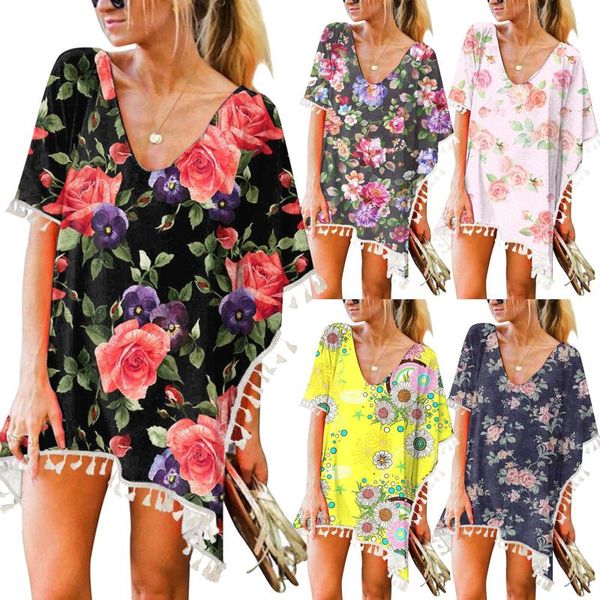 

women's swimwear 2021 chiffon tassels beach wear women swimsuit cover up print bathing suits dresses summer mini dress smock, White;black