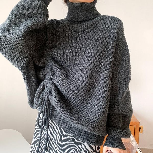 

women's sweaters [ewq]2021 spring loose turtle neck long-sleeved women thickened solid color drawstring minimalist pullover knitted swe, White;black