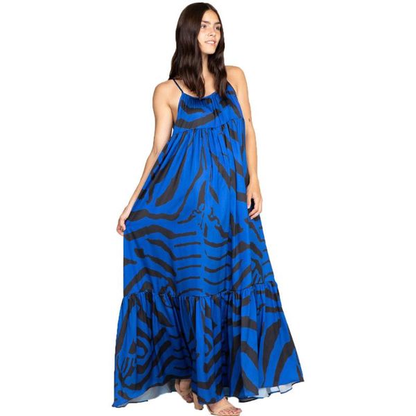 

casual dresses royal blue striped print dress summer 2021 women sling ruffled long loose beach, Black;gray