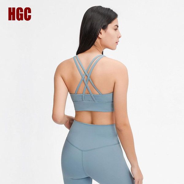 

yoga outfit hgc sports bra push-up training solid crop women cross back mesh workout underwear high impact gym running fitness vest