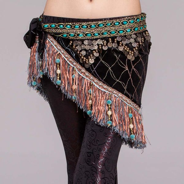 

stage wear women belly dance costume retro velvet half circle gypsy classical fringe hip scarf with coins tribal waist chain tassel, Black;red