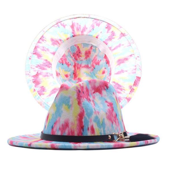 

wide brim hats fedora women men tie dye gradient luxury felted autumn winter spring multicolor jazz caps casual, Blue;gray