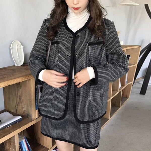 

women's jackets korean leather jacket chic french round neck checkered single breasted coat high waist hip wrap skirt two-piece, Black;brown