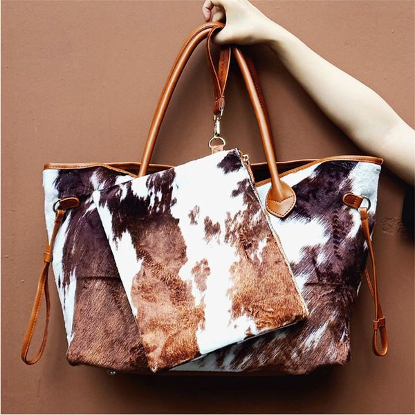 

factory wholesale 2021 women's cow pattern super soft plush printed hand pu handle large capacity shoulder bag