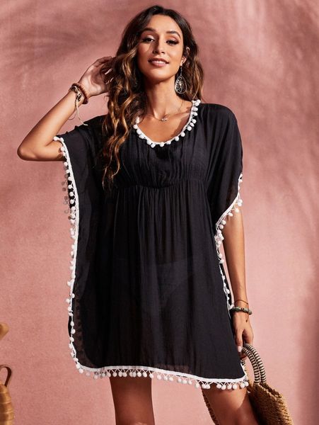 

pom-pom trim scoop neck cover up 88t4#, White;black
