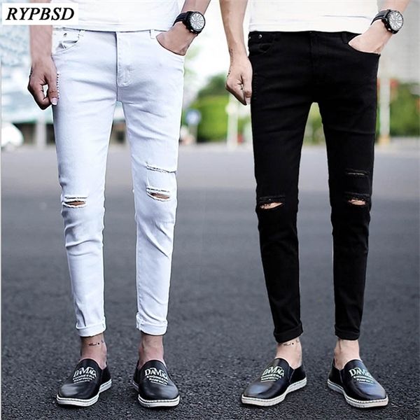 Nero Bianco Moda Jeans Strappati Uomo 2020 Primavera Pantaloni Pantaloni Uomo Slim Fit Casual Foro Pantaloni Della Matita Degli Uomini Streetwear Pantaloni X0615