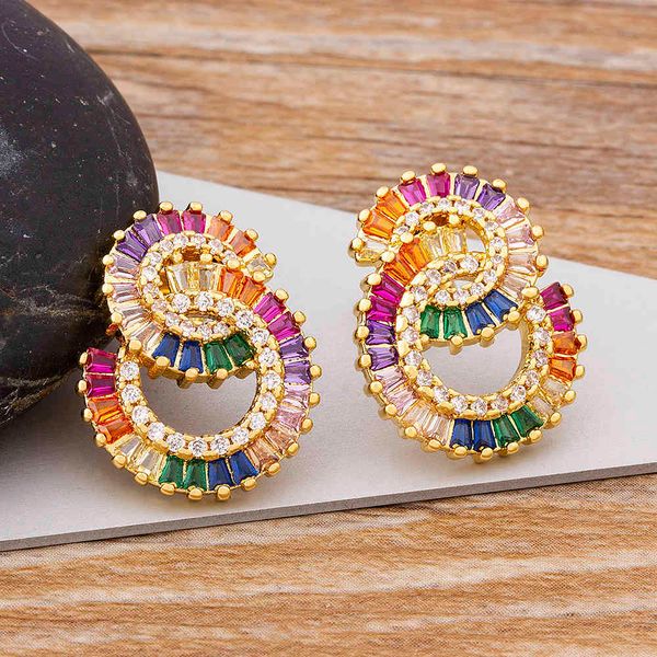

rainbow cubic zirconia circle stud simple party round geometric fashion statement earrings for women bohemian jewelry, Golden