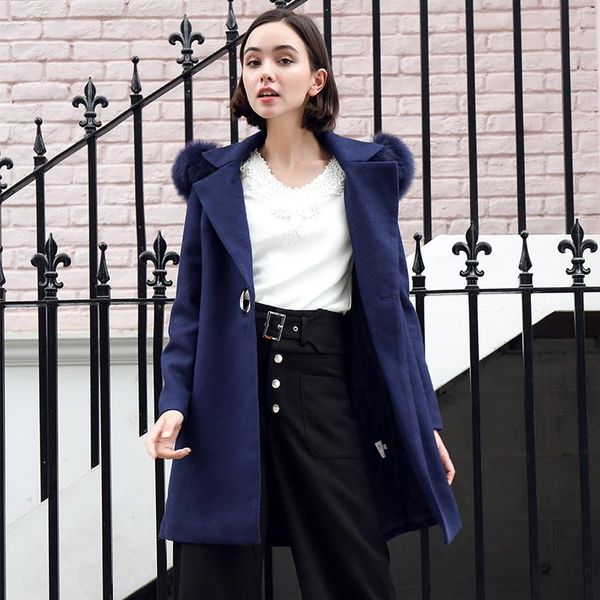 

women's wool & blends korean fashion fur hooded trench coat for women streetwear office lady trenchcoat vintage navy winter, Black