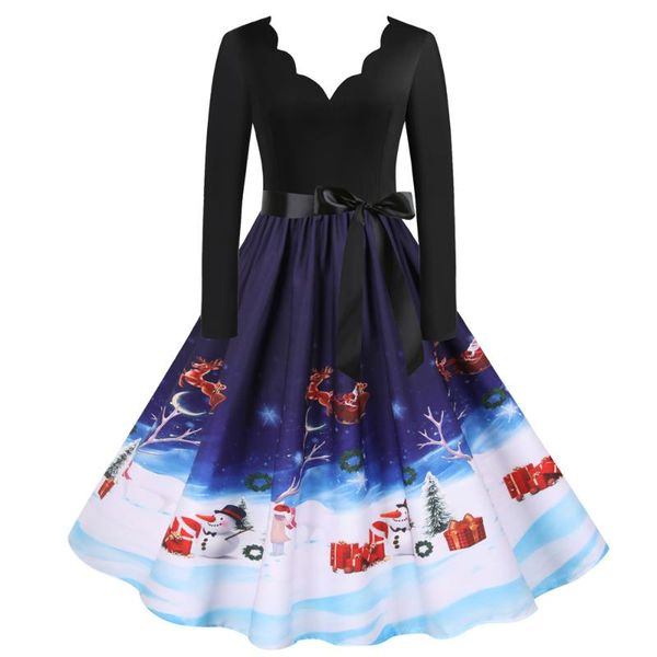 

casual dresses dropship spring summer fall christmas trees snowmen print v neck bow long sleeve women ladies party short skater dress, Black;gray