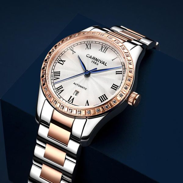 

wristwatches switzerland carnival watch women automatic mechanical ladies watches diamond sapphire waterproof auto date 8051l, Slivery;brown