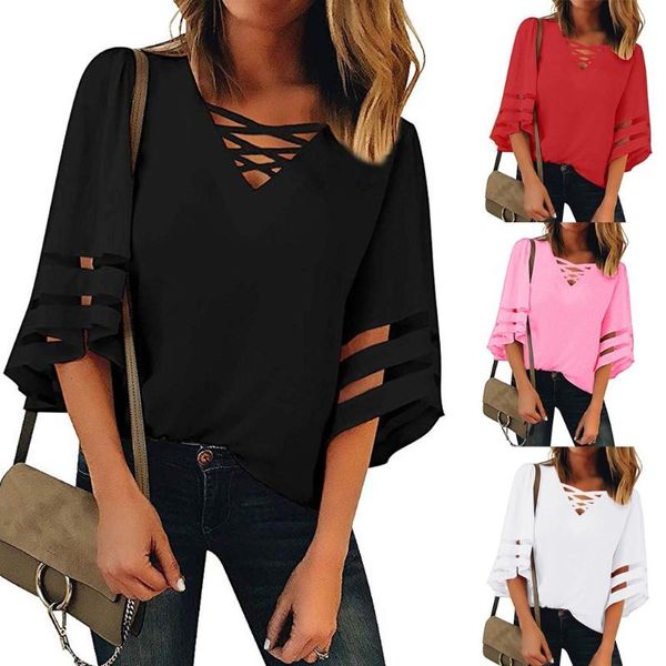 

women's blouses & shirts fashion solid mesh panel blouse loose bandage v-neck casual summer ladies female women 3/4 sleeve blu, White