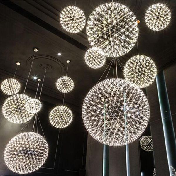 

pendant lamps creative art decor chandelier stainless steel hanging light spherical fireworks lamp restaurant lobby mall stair sputnik