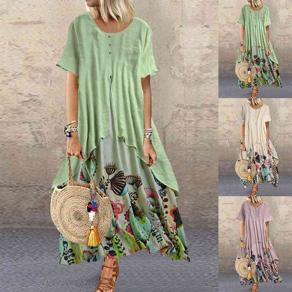 

casual dresses women summer vintage a-line cartoon print splice fake two pieces asymmetrical office lady dress female t9mr, Black;gray