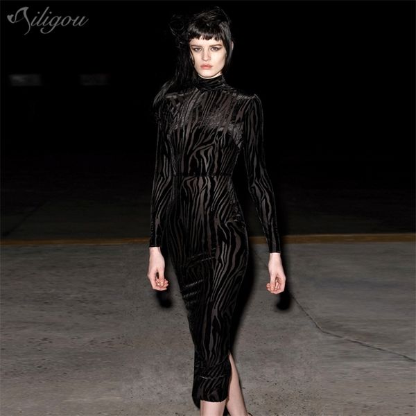 Сексуальная сетка прозрачное тесное платье лето женщин полосатый с длинным рукавом черный клуб 210525