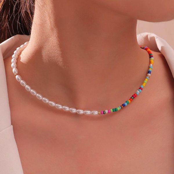 

chokers european and american ins handmade color rice bead pearl stitching necklace bohemian wedding party mother's day gift nz2231, Golden;silver