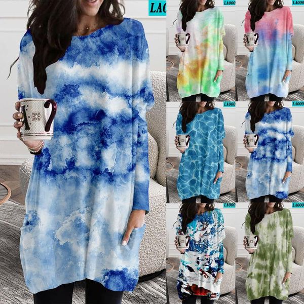 

casual dresses loosetie-dye pattern large plus size dress women's round neck shirt mini blouse pullover sweatshirt, Black;gray