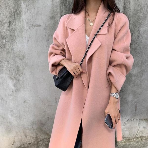 

women's wool & blends fashion autumn winter overcoat ladies woolen warm pink thick 2021 women long jacket coats casual cardigan drop, Black
