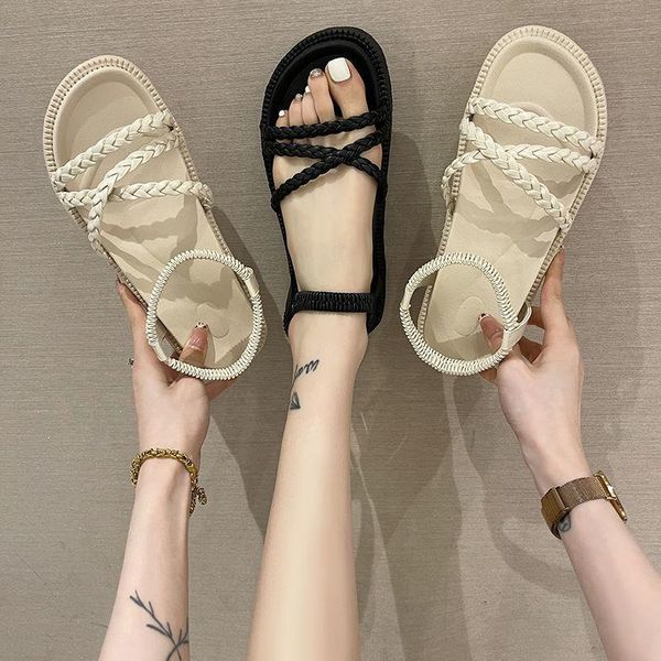 

sandals trifle thick-soled women's fashion casual 2021 summer fairy style student beach round-toe shoes women, Black