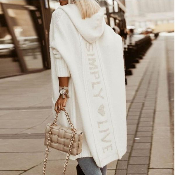 

women's knits & tees 2021 station autumn and winter hooded loose knit mid-length cardigan jacket casual pockets letter print open stitc, White