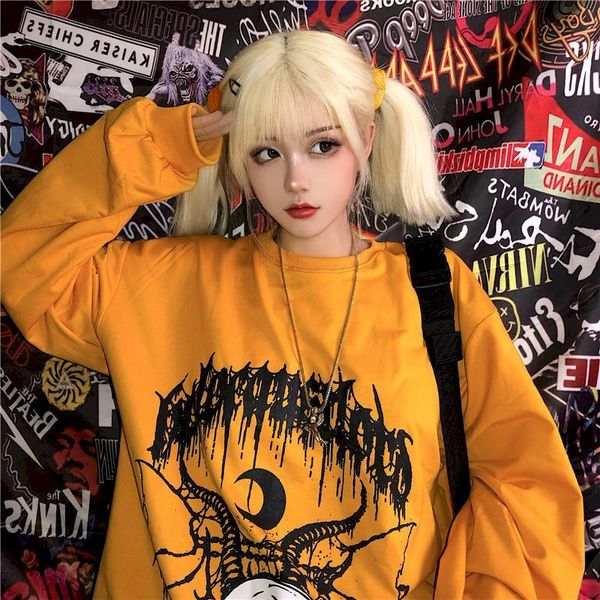 

women's blouses & shirts long-sleeve female t-shirt, loose-shirt stamped harajuku bf fun demon girl y8kn, White