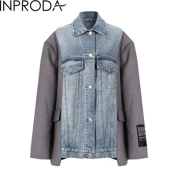 

women's suits & blazers inproda women blazer denim patchwork color matching jackets irregular vintage casual womens long sleeve, White;black