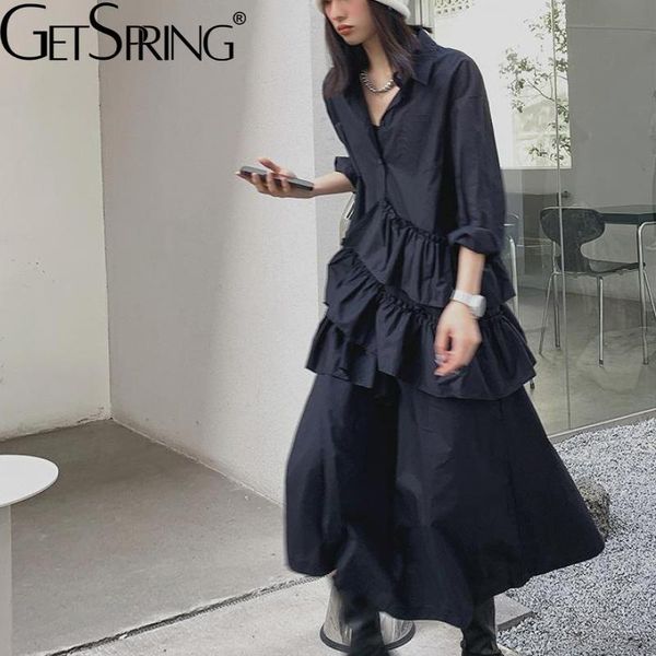

casual dresses getspring women dress ruffles long sleeve cotton shirt dresse balck white irregular 2021 autumn dropship, Black;gray