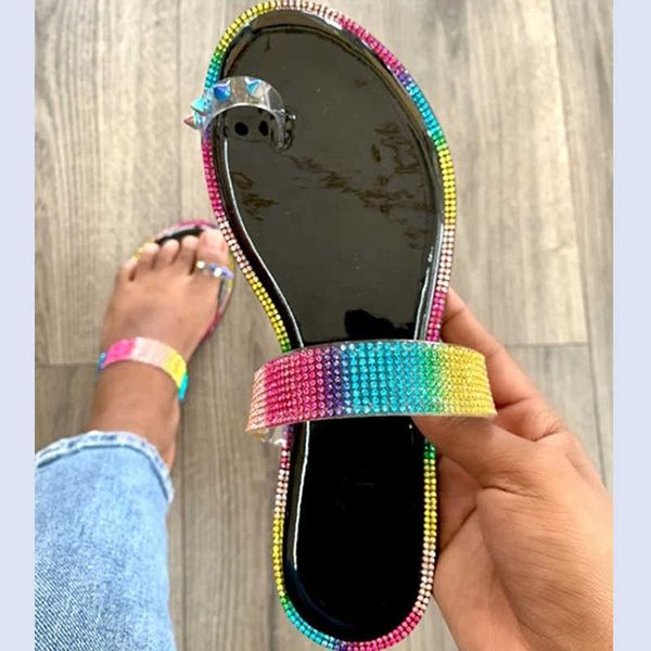 Rimocy Sexy Strass Chinelos Flat Mulheres Verão Outdoor Beach Clip Toe Slides Mulher Luz Confortável Sandálias Aberta Senhora 210528