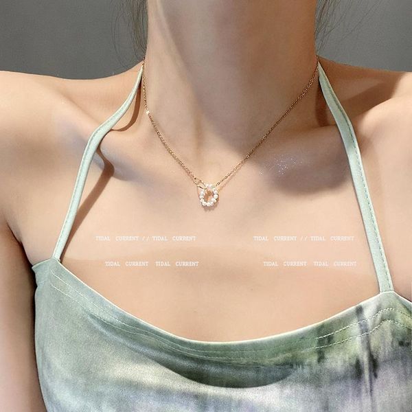 

pendant necklaces fashion creative double ring pearl gold color circle necklace for women round clavicle chain jewelry choker gift, Silver