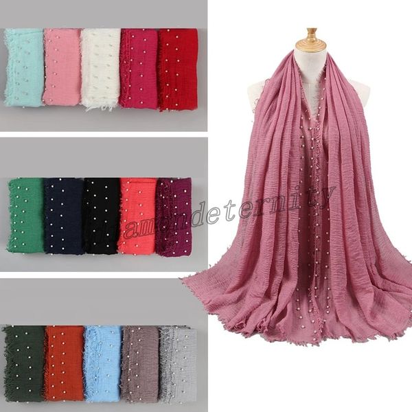 

muslim women's plain hijab headwrap female bubble cotton long scarves beaded pearl headscarf wrap fringe crumple oversize shawls, Blue;gray