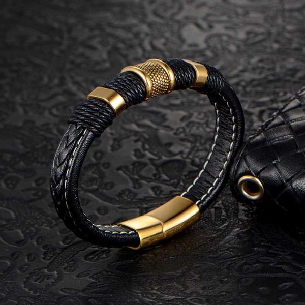 Modisches Herren-Armband aus geflochtenem Metall mit magnetischer Schnalle aus Leder im klassischen Stil, Rock-Party-Rider-Schmuck Q0719