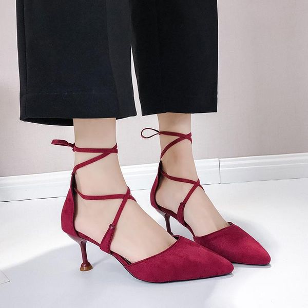 

dress shoes summer cross tie heel fashion hollow pointed temperament high heels female shallow mouth wild high-heeled sandals, Black