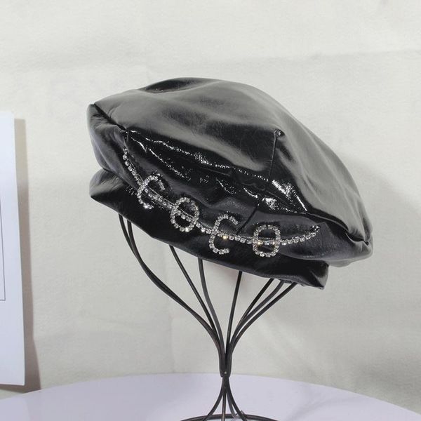 

berets japanese designer leather pu navy hat women autumn and winter net red rhinestone beret korean octagonal, Blue;gray