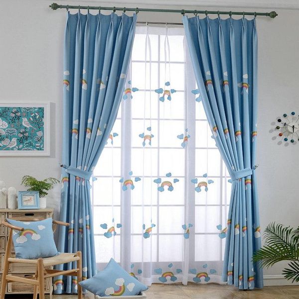 

curtain & drapes embroidered linen and cotton for kids room blue matched with white tulle rain bow cartoon eco-friendly