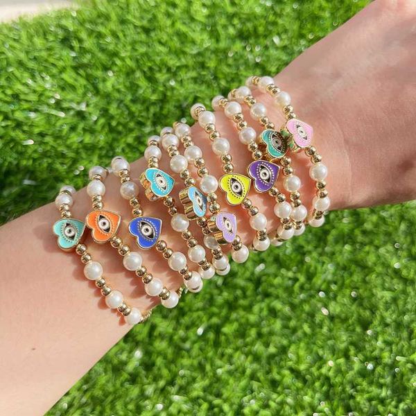 

link, chain 6pcs fashion colorful enamel heart star eye bridal jewelry bracelet gift for her,wedding women elastic pearl, Black