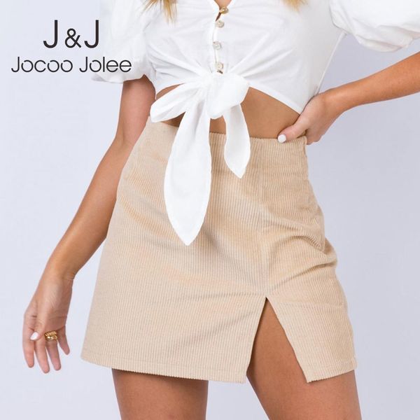 

jocoo jolee autumn corduroy mini skirt elegant high waist split zipper short skirts solid vintage harajuku a line skirt 210518, Black