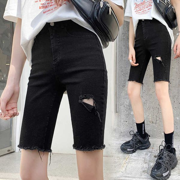 

women's jeans tight denim shorts summer thin 2021 5-point women's holed riding pants, Blue