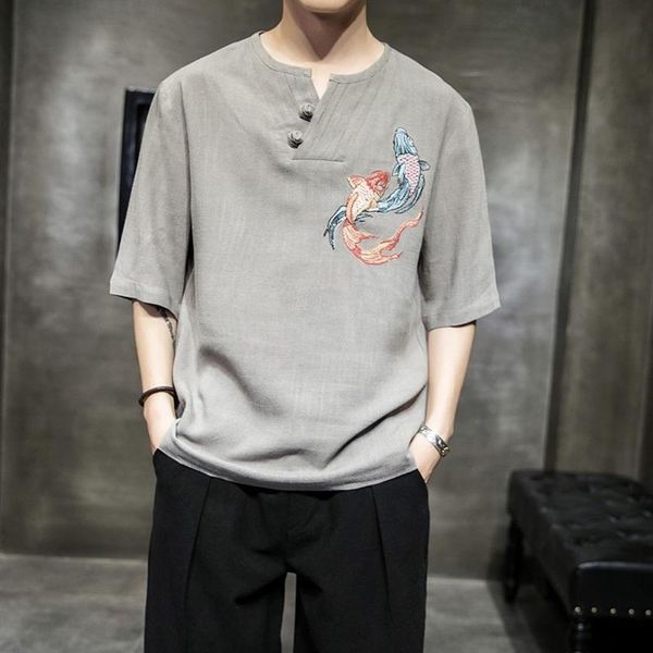 

ethnic clothing 2021 summer chinese style embroidery cotton linen half sleeve shirt men's harajuku plus size pullover thin blouse 30468, Red