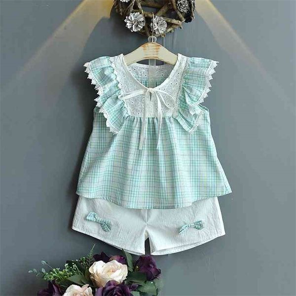 

gooporson summer kids clothes plaid lace shirt&bow tie shorts fashion korean little girls clothing set cute children outfits 210715, White