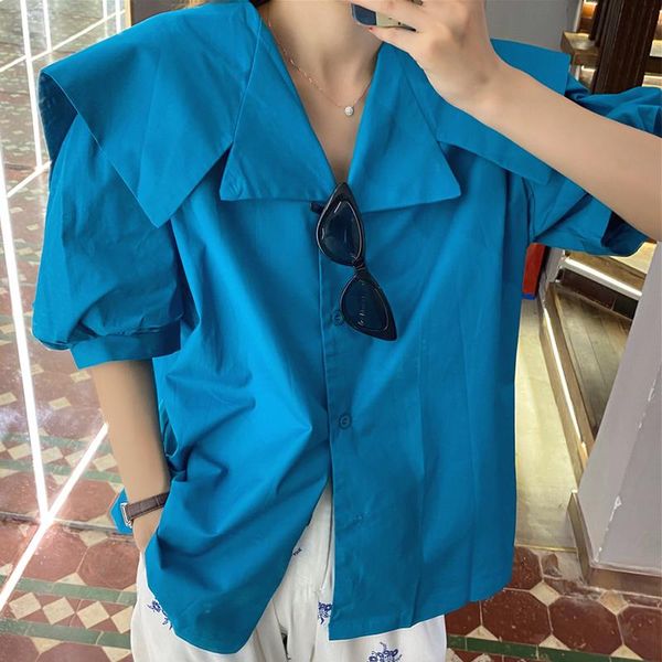 

[ewq] 2021 spring women fashion office lady blouse turn-down collar short puff sleeve minimalist white loose shirt 8p098 women's blouse