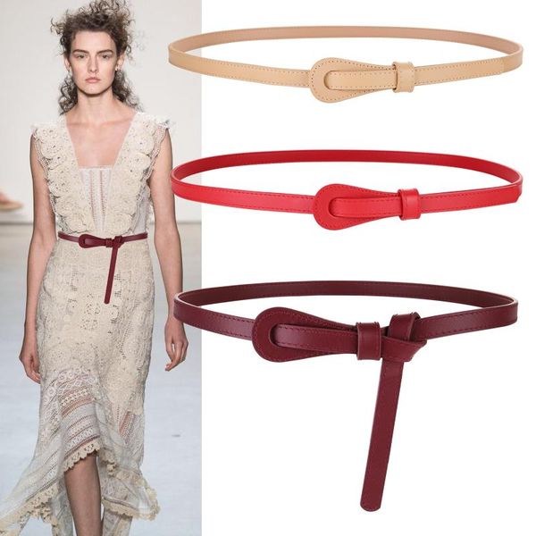 

belts fashion real leather for women knotted buckle thin cowskin shirt dress diy knot waist belt long strap waistbands girl gift, Black;brown