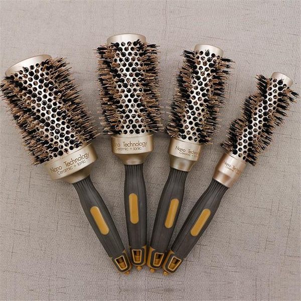 

hair brushes 4 size hairdresser brush barrel round comb with boar bristle ceramic ionic curling barber 20#52, Silver