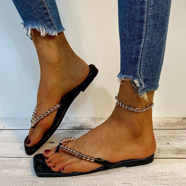 

women slippers 2021 slides fashion ladies woman beaded summer beach shoes female home lady flip flops, Black