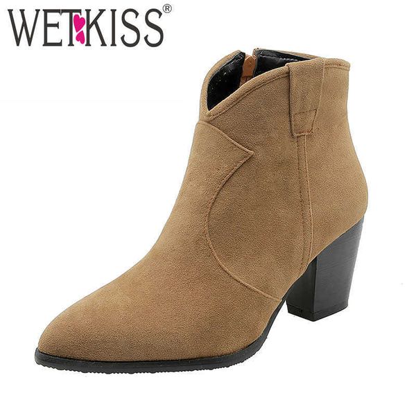 

wetkiss western boots women ankle boot pointed toe shoes female high heels shoes ladies flock zip shoes winter plus size 32-46 210630, Black