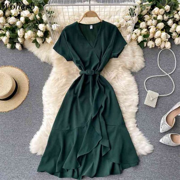 

dress women summer temperament v-neck slim vestidos irregular ruffle elegant robe beach holiday dresses with belt 210519, Black;gray
