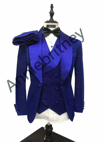 Fatos masculinos blazers (jaqueta + calças + colete) macho terno luxo brilhante jaqueta azul brilhante 3 peça considerável groomsman vestido de noiva fina feita