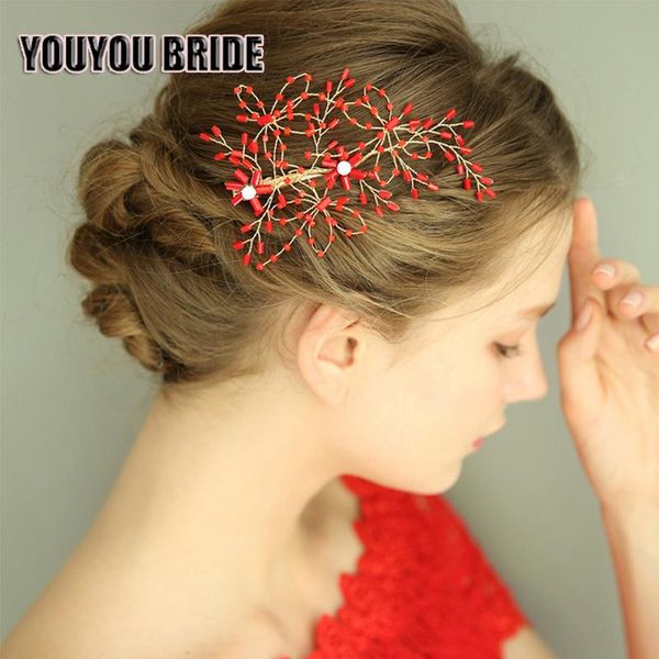 

hair clips & barrettes youyou bride bridal clip red gold flower crystal pearl hairgrip women wedding jewelry purely handmade, Golden;silver
