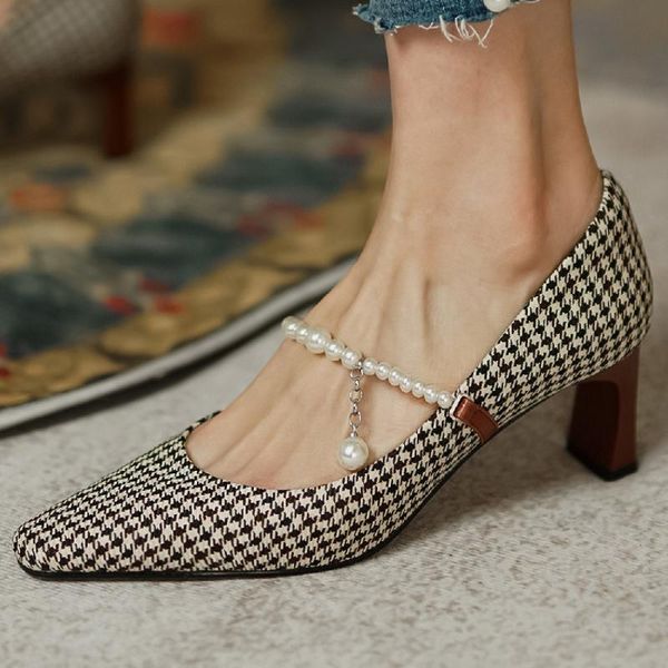 

women's genuine leather houndstooth fabric patchwork pointed toe slip-on pumps thick high heel beading buckle ladoes dress shoes, Black