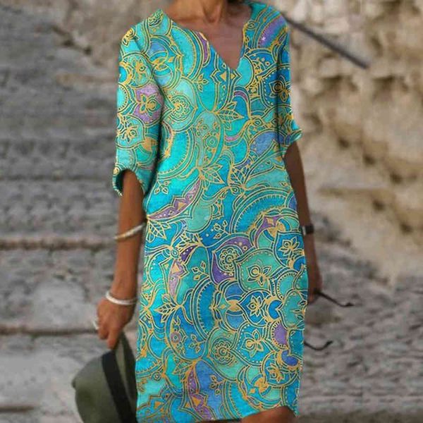 

vintage printing women dress v-neck half sleeve a-line dresses casual 2021 fashion spring female loose sundress lady vestidos, Black;gray