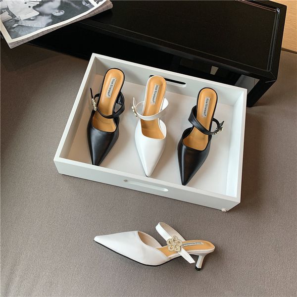 

sandals elegant women high heels slippers pointed tow flower slip on mules black/white fashion summer party pumps qmnf