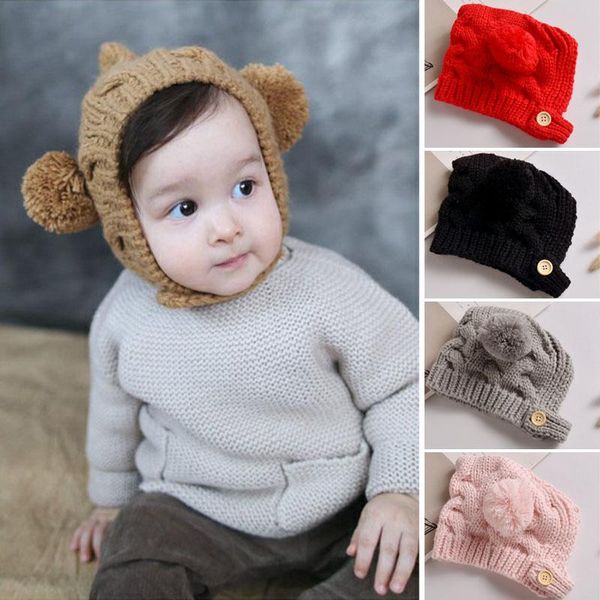 

caps & hats double pompom baby hat autumn winter cute kids bonnet for girl boy cap outdoor warm toddler children knitted beanie, Yellow